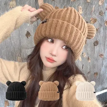 Szép Y2K Maci Füle Sűrűsödik Kalapok Női Puha Harajuku Plüss Fül Fej Védelme Aranyos Kötött koreai Gyapjú Sapka Menő Lány Sapka
