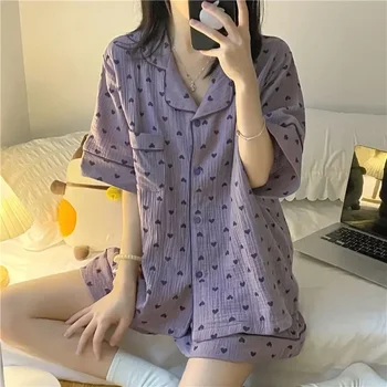 2 Öltöny Készlet Zsebében Pizsama Darab Nők Otthon Ujja Koreai Szív Nyári Rövid Kawaii Hálóruházat Loungewear Nadrág Nyomtatás Pijama