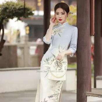 2024 hagyományos kínai ruha qipao nemzeti bamboo nyomtatási velúr cheongsam keleti gradiens szín bankett estélyi ruha qipao