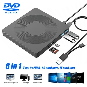6 az 1-ben Slim Külső USB DVD Recorder Hordozható nagysebességű Adatátvitel DVD Felvevő USB3.0 Külső Meghajtó Laptop Számítógép CD