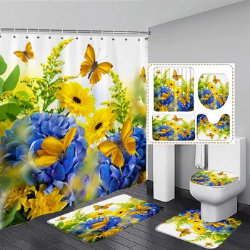 Pillangó Virág Zuhanyzó Függöny Szett, Sárga, Kék Virágos Növények Természetes Táj Fürdőszoba Decor Szőnyeg Padló Szőnyeg Wc Fedél Fedél