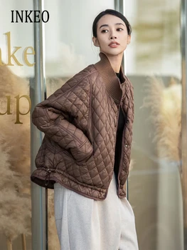 A koreai Nők patchwork Kötött kabát Túlméretezett denevérszárnyat akar ujja puffer kabát, Meleg Garbó outwear 2024-es Őszi téli 3O277