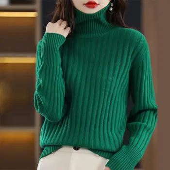 Őszi-téli pulóver magas nyakú pulóver nők 2023 egyszínű csíkos alkalmi pulóver pulóver kötés bázis női felsők