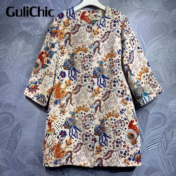 11.4 GuliChic Magas Minőségű, Női Divat, Design, O Nyakú Hosszú Ujjú Többszínű Nyomtatás Gyöngyös Díszítéssel Kabát Outwear