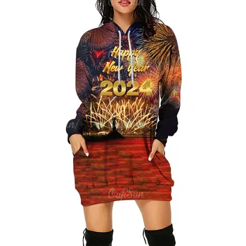 Új Év Női kapucnis felső Ruha 2024 Alkalmi Divat Kapucnis Női Streetwear Hip-Hop Pulóver Női Pulóver Party Ruha