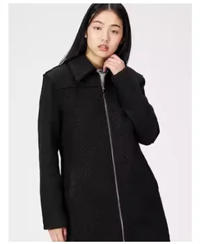Desigual külkereskedelmi spanyol őszi, téli, fekete egyszerű splicing gyapjú női kabát, közepes hosszúságú kabát