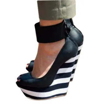 SHOFOO cipő Szexi női magas sarkú Peep toe szivattyúk 15 cm sarok magasság Csíkos ék sarkú. Divatbemutató Bankett Szórakozóhely