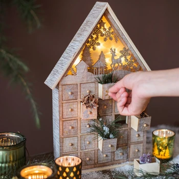Karácsonyi Fából készült Adventi Naptár Ház LED Lámpa Üres Töltelék Candy Fiókban Varázslat Gyerekeknek Ajándék Karácsonyi Esemény Háttér Dekoráció