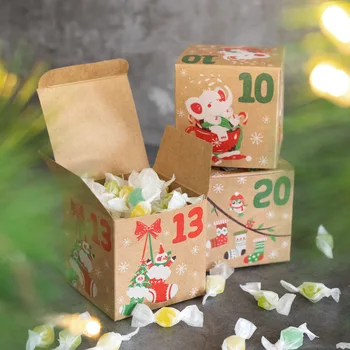 24PCS Karácsonyi Adventi Naptár Candy Doboz Santa Visszaszámlálás Kraft Papír díszdobozban 24 Számjegy Karácsonyi Ajándék Csomagolás papírdoboz