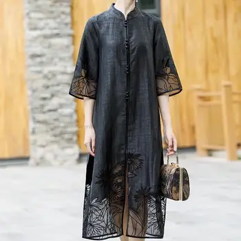 A kínai Hagyományos Vintage Qipao női Fekete Qipao Hölgy Állt Gallér Etnikai Stílusban Hímzett Kecses Cheongsam Ruha