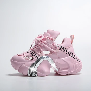 Nyári Fényes Flitterekkel Vaskos Platform Cipők Nők Lélegző Csipke Magasságának Növelése Cipő Nő Divat Aranyos Rózsaszín Tornacipő