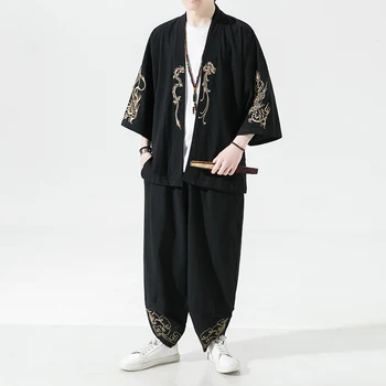 A férfiak Japán Kimonó Meghatározott Divat Harajuku Streetwear Selyem Sárkány Hímzéssel, Alkalmi Külső Hood Egységes Vászon Ruha