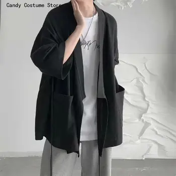 Férfi Harajuku Hippik Férfi Ing, Nyári háromnegyedes Ujjú Japán Stílusú Retro Zsebében Outwear Laza Lace-up Lélegző Póló